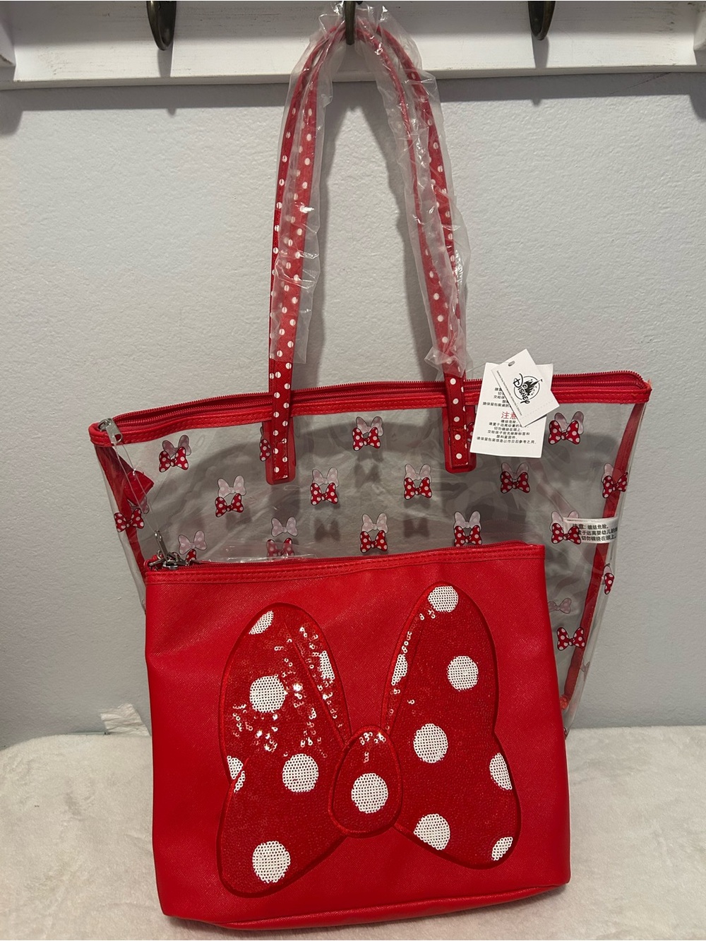 Disney Red Clear Tote with Red Polka Dot Bow Pouch NWT